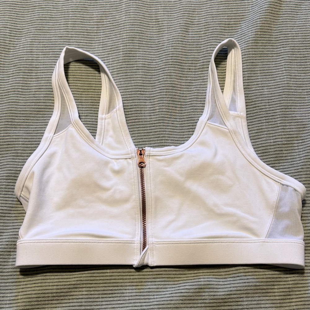 Aerie White Sports Bra with Rose Gold Zip